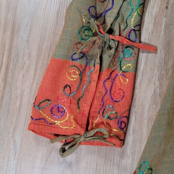 🔹️Orange & Olive Multicolor Embroider Print & Tie Sleeve Kurta/Swim Coverup - Picture 5 of 10
